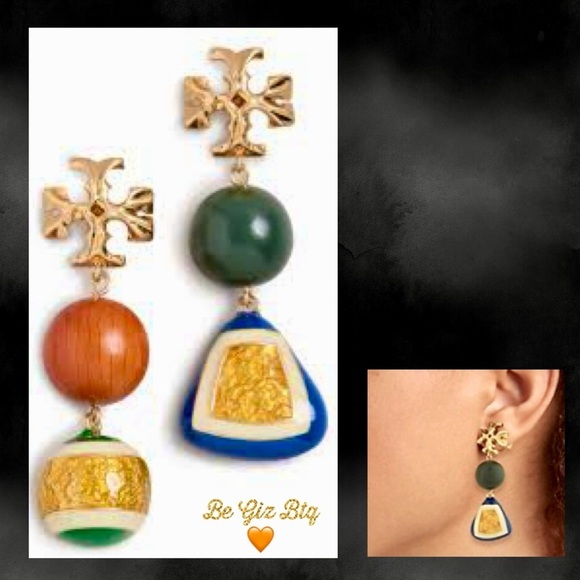 🆕Authentic Tory Burch Roxanne Wood & Resin Mismatched Double Drop Earrings - Picture 7 of 15